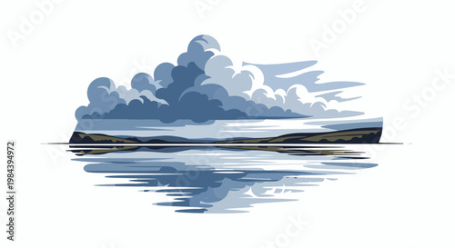Pixelated landscape with dramatic clouds reflected on calm water