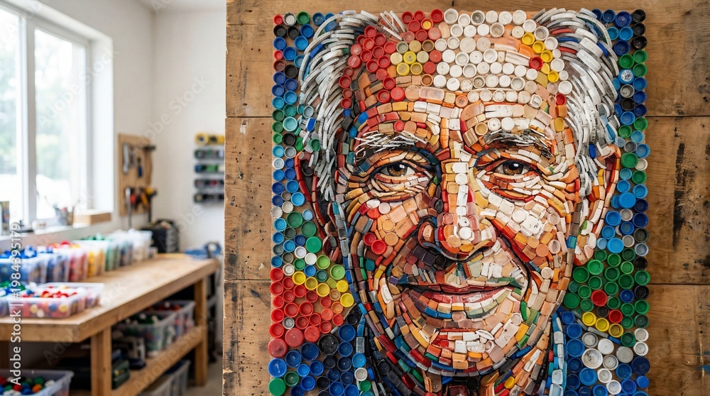 Fototapeta premium Textured Portrait Mosaic Made From Recycled Bottle Caps
