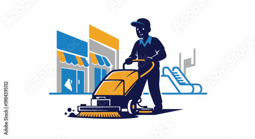 Man in uniform operating a floor cleaning machine outside shops