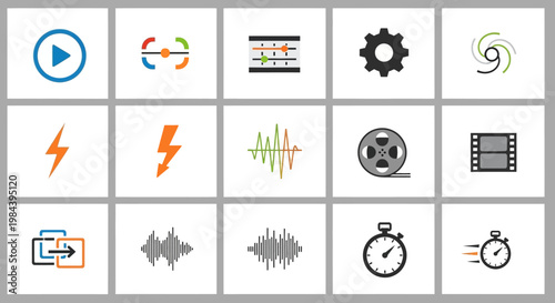 Collection of icons representing technology, media, and communication