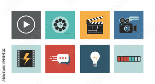 Video Production Icons: Play, Film, Clapperboard, Camera, Idea, Progress Bar