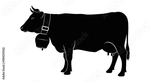 Black cow with bell standing still.