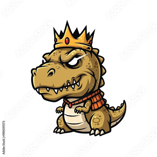 Cartoon dinosaur wearing crown and scarf.