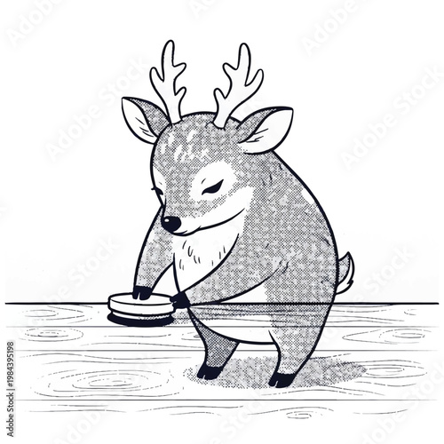 Cartoon deer playing with frisbee outdoors.