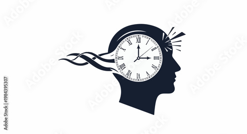 Silhouette head profile with clock face and swirling lines representing thought