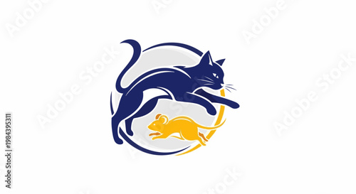Dynamic feline and rodent pursuit within a circular emblem