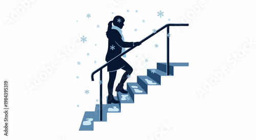 Silhouette of a person ascending a snow-covered staircase with snowflakes falling around