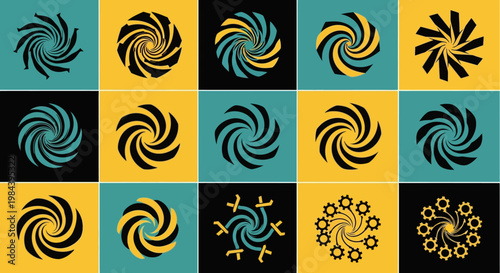 Abstract Swirl Patterns: Geometric Designs on Teal and Yellow Background