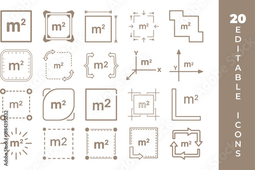 Collection of 20 editable icons representing square meter area measurements and dimensions with real estate floor plan line art flat design web design measurement dimension collection template