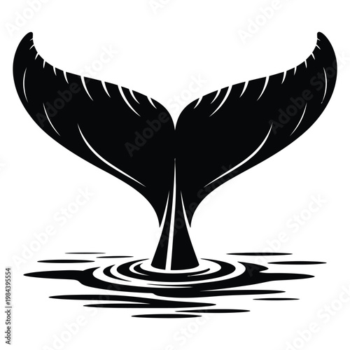 A striking black whale tail breaches the water s surface creating circular ripples silhouette