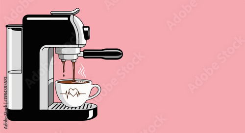 Espresso machine brewing coffee into a heart-themed cup