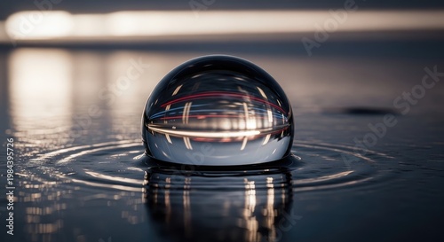 Shiny Metallic Sphere Reflecting Environment on Water Surface.
