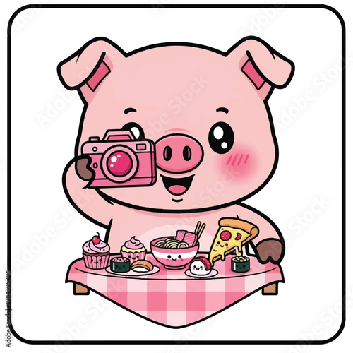 Cartoon pig holding a camera eating.