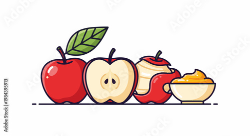 Red apples, sliced, peeled, and pureed in a bowl on a line