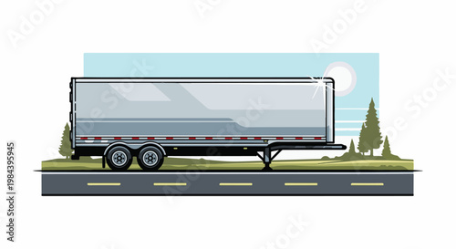 A silver semi-trailer truck rests on a grassy roadside with trees and a bright sun