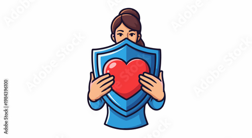 Person holds a blue shield with a red heart behind it