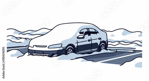 Snow-covered car stuck on a road during a winter storm