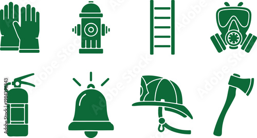 Firefighter equipment icons set with firefighter equipment extinguisher protection emergency illustration isolated background response firefighting profession transportation miscellaneous