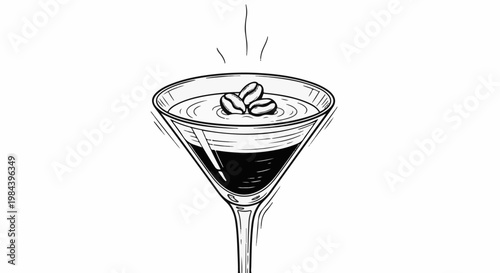 A hand-drawn illustration of a martini glass filled with dark liquid, topped with coffee beans
