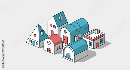 A stylized isometric cluster of whimsical, cartoonish houses in blue and red