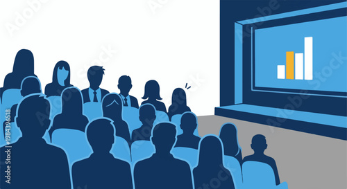 Silhouetted audience watches a presentation with a bar chart on screen