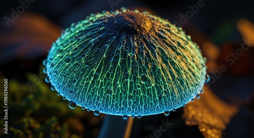 Vibrant Mushroom with Glowing Colors and Water Droplets.