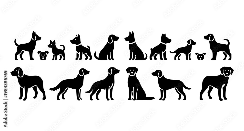 Fototapeta premium Symmetrical dog silhouette collection with breed size variation in modern minimal vector design