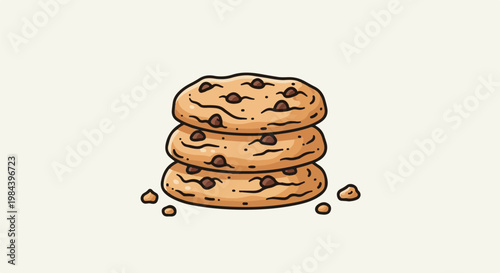 A stack of three round, light brown cookies with chocolate chips and a crumbly texture