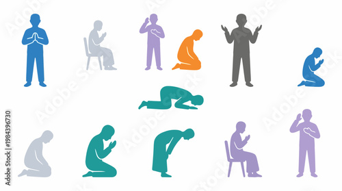 Various people in different praying poses and emotions in a room
