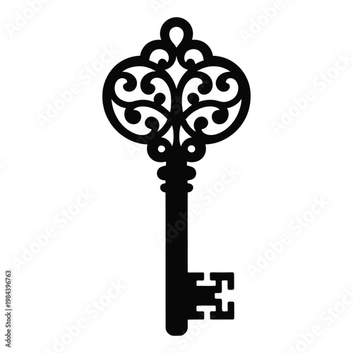 An ornate vintage key design with elaborate detailing presented as a striking silhouette