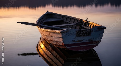 Wooden Boat Floating on Calm Water at Sunset.