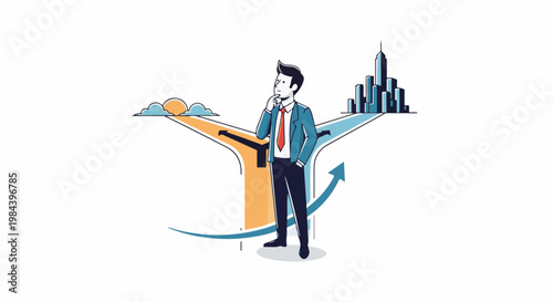 Man at a crossroads, symbolizing choice between nature and city