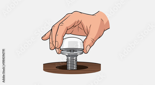 Hand places a dome-shaped cover onto a screw head in wood