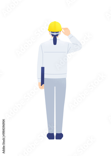 タブレットを抱えてヘルメットのつばに手を添える女性現場監督の後ろ姿 全身ベクターイラスト素材