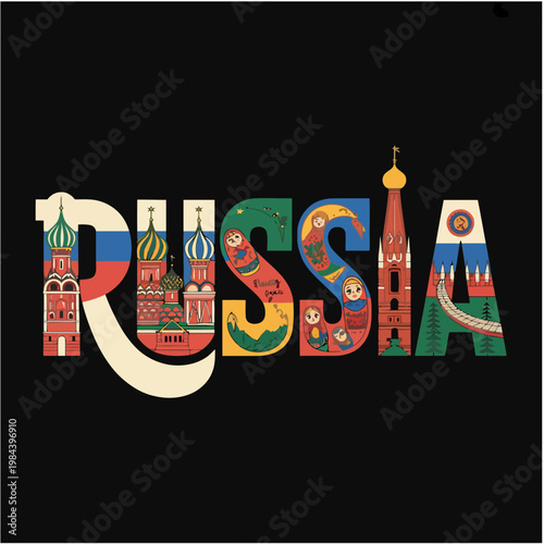 russia Typography Illustration with Iconic Landmarks