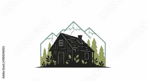 Rustic cabin nestled among trees with snow-capped mountains in background