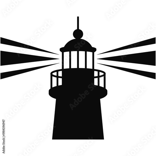 A striking black lighthouse emits a powerful beam of light across a dark sky silhouette