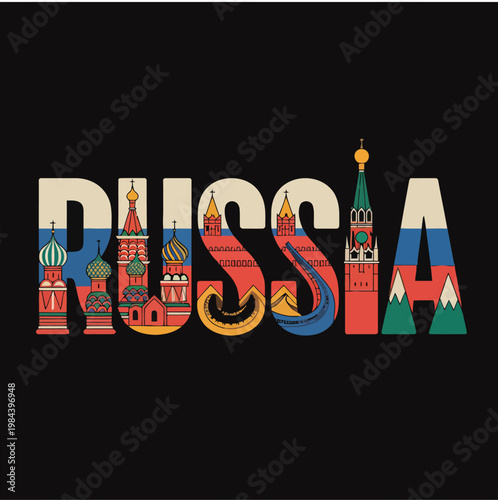 russia Typography Illustration with Iconic Landmarks