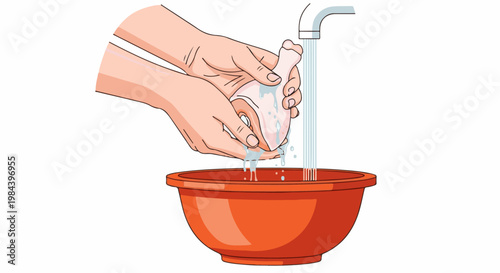 Hands rinsing a chicken leg under running water into an orange bowl