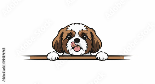 Adorable cartoon dog peeking over a wooden bar, tongue out