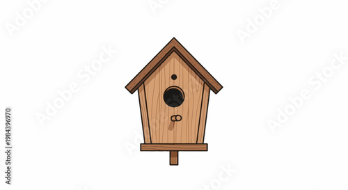 A simple, cartoonish wooden birdhouse with a dark circular entrance