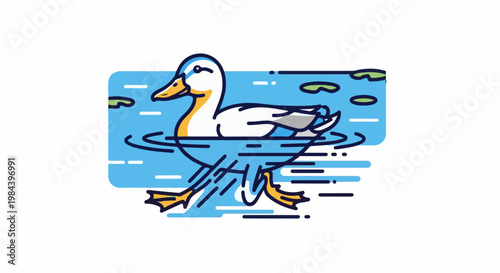 Stylized duck swimming in blue water with lily pads