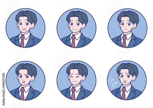 スーツ姿の若い男性の色々な表情のアイコンセット