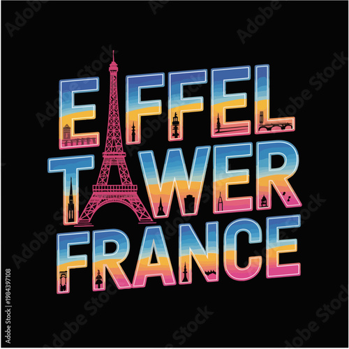 Eiffel Tower France Typography Illustration with Travel Elements