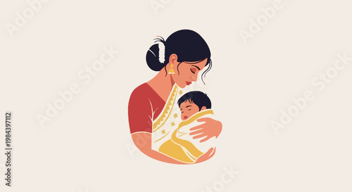 A mother cradles her sleeping infant, wrapped in a decorative cloth