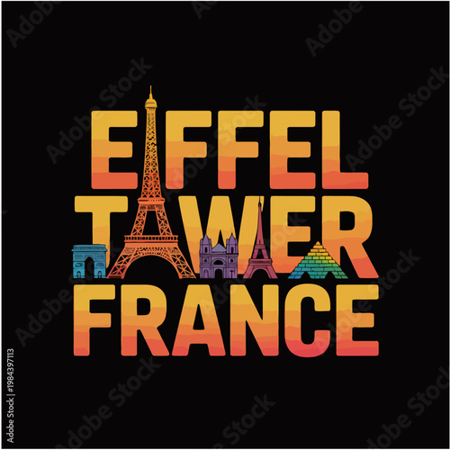Eiffel Tower France Typography Illustration with Travel Elements