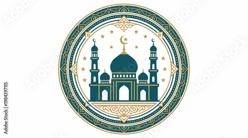 A serene mosque with minarets and a crescent moon logo on a circular background