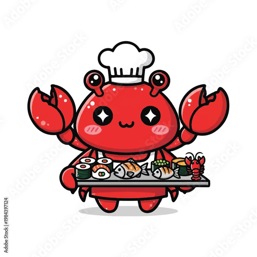 Crab wearing chef hat serving sushi.