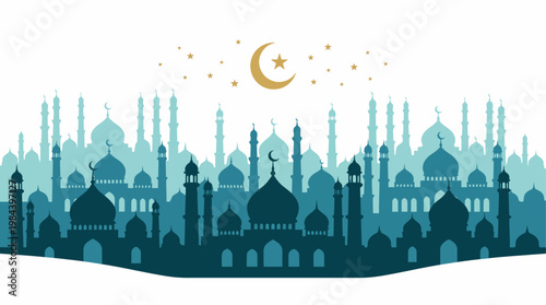 A serene nighttime view of a majestic mosque complex under a crescent moon and stars.