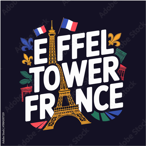 Eiffel Tower France Typography Illustration with Travel Elements
